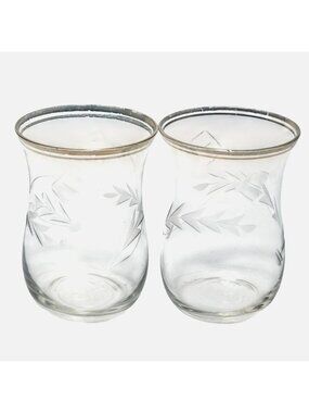2 Vintage Etched Juice Glasses 3.25" Gold Rim Floral Cordial Cocktail Home Bar D